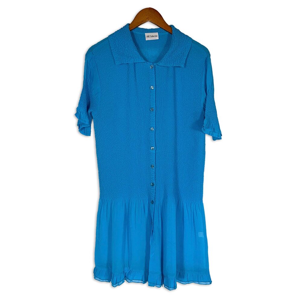 Vintage Blue Textured Dress Button Front Drop Waist Sheer Flouncy M